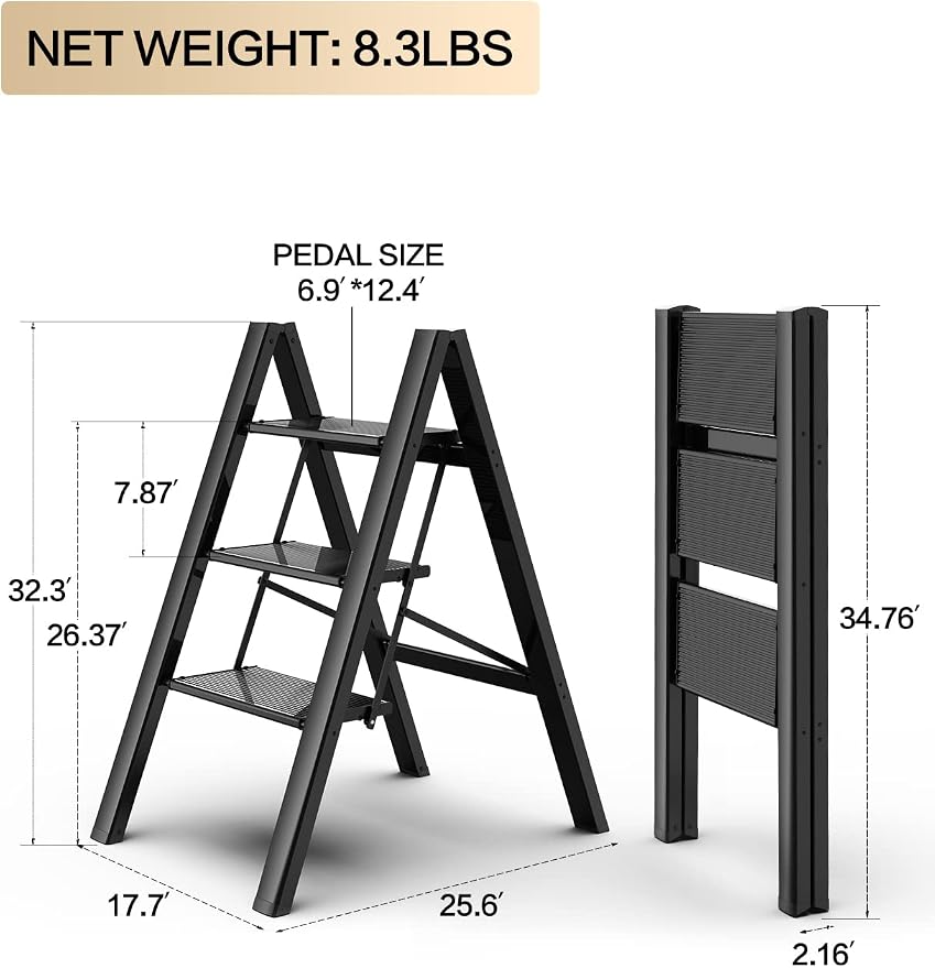 3 Step Ladder, Aluminum Folding Step Stool with Anti-Slip Sturdy and Wide Pedal, Lightweight Portable Stepladder for Home and Kitchen Use Space Saving, Black, 330 lbs