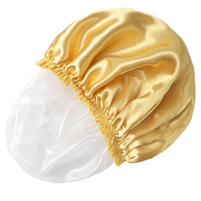 4 PCS Shower Cap for Women, Elastic and Reusable Bath Caps, Double Layers Shower Caps Reusable Waterproof, Bathing Shower Caps, Environmental Bath Hair Protection Cap -Gold+Green+Silver Gray+Brown