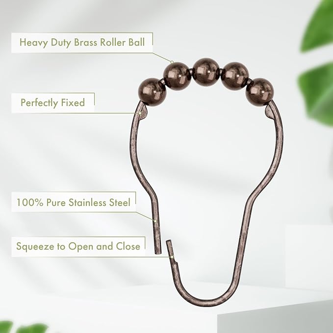 Amazer Shower Curtain Hooks, Decorative Bronze Shower Curtain Hooks,Stainless Steel Rust-Resistant Shower Hooks for Curtains-Set of 12