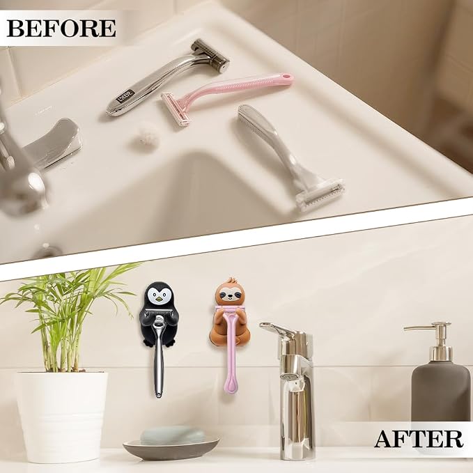Cute Sloth and Penguin Waterproof Self-Adhesive Shower Hook Set, Brown Sloth and Black Penguin Razor Holder Bathroom Accessories for Men Women Animal Lover, Animal Lover Bathroom Decor Gifts