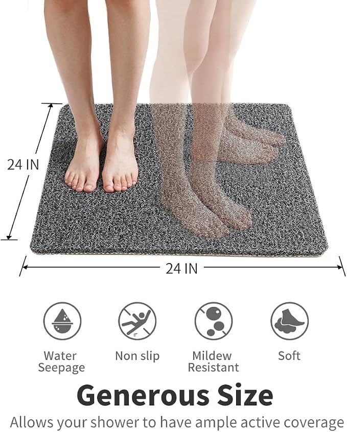 Non Slip Shower Mat, Comfortable Bath mat for Textured Surface,Quick Drying Easy Cleaning Shower Floor Mat for Wet Area,Without Suction Cups 24x24 Black