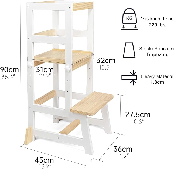 Kitchen Step Stool for Toddlers with Non-Slip Mat, WOOD CITY Wooden Kids Montessori Learning Stool Tower, Toddler Standing Tower Helper for Kitchen Counter and Bathroom Sink(White-Natural-Adjustable)