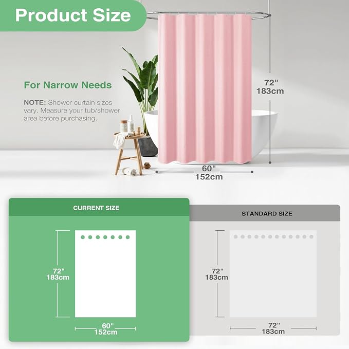 Dynamene 60 inch Stall Shower Curtain - Waffle Weave Heavy Duty Thick Fabric Shower Curtains for Bathroom,Weighted Hotel Spa Luxury Cloth Bath Curtain Set with 10 Plastic Hooks,60x72, Pink