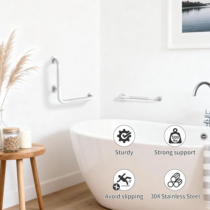 Angled Grab Bar 16x16 Inch White, Knurled L-Shaped Shower Grab Bar w/16 Inch Straight Bathtub Toilet Safety Handrail Wall Mounted, Anti Slip Balance Support Bar for Seniors Elderly Injury Handicap