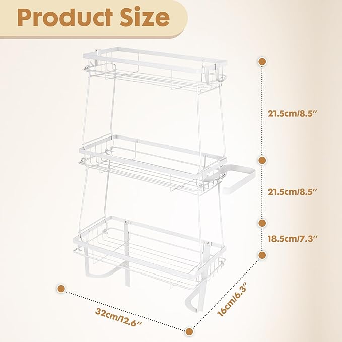 ShellKingdom Over The Toilet Storage Shelf, 3 Tier Toilet Paper Holder Stand Shelves, Punch-Free Bathroom Storage Rack with 2 Hooks, Small Space Organizers for Bathroom, Home, Countertop, White