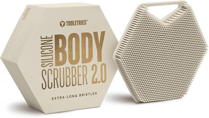 TOOLETRIES Premium Silicone Body Scrubber 2.0, Hygienic Loofah Alternative, Exfoliating Shower Scrubber for Sensitive Skin, Quick Drying & Long-Lasting Bathroom Essentials for Men & Women - Sand