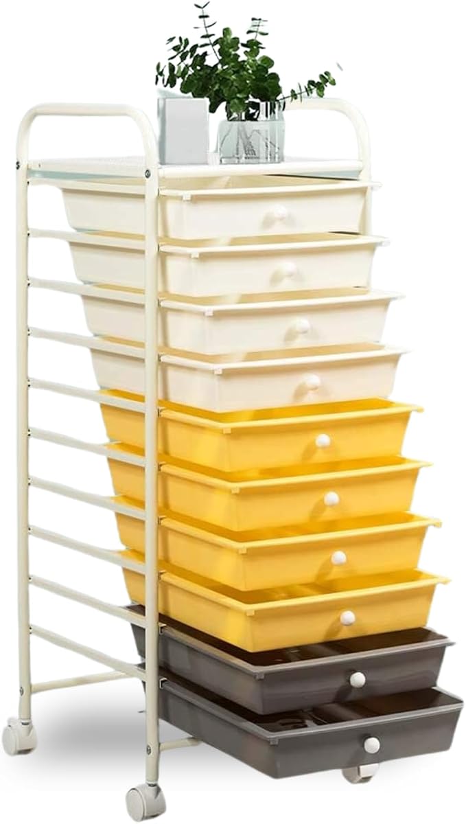 10-Drawer Rolling Storage Cart, Trolley w/Lockable 360° Wheels, 10 Removable PP Drawers, Sturdy Metal Frame, Rolling Utility Cart Perfect for Home, Office, Classroom (Yellow)