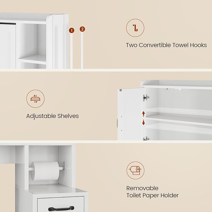 UPOSOJA Over The Toilet Storage Cabinet with Pulley Small Bathroom Storage Cabinet, Space Saver W/Adjustable Shelf & Towel Rack for Bathroom, Restroom, Laundry (White-Type B)