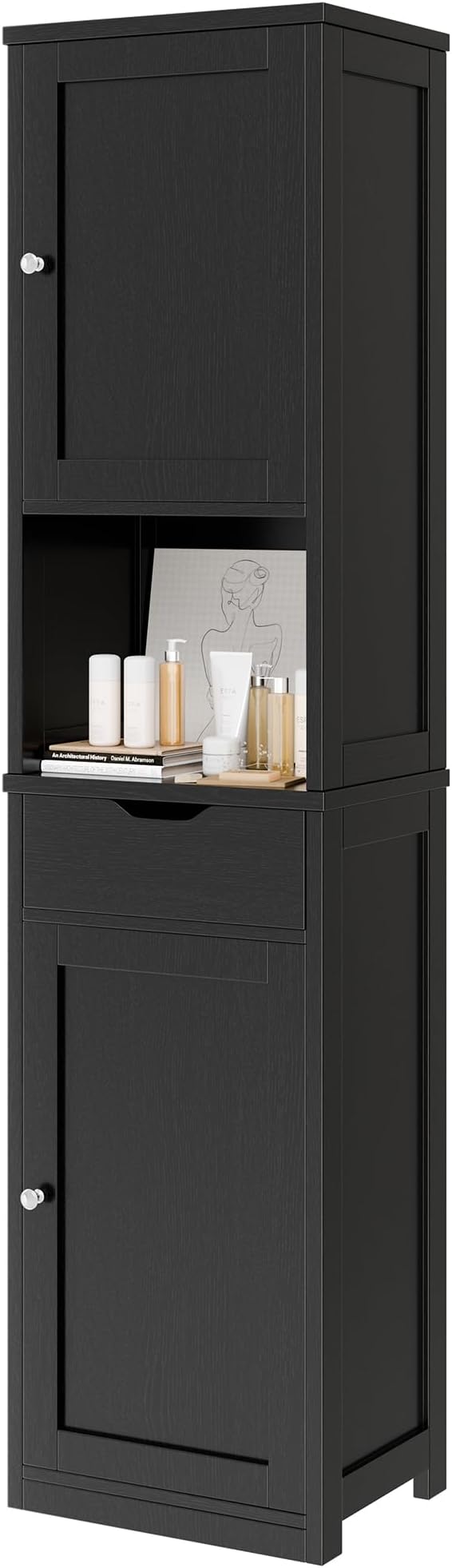 Vongrasig Tall Bathroom Storage Cabinet, 64”H Narrow Storage Unit for Small Spaces, Freestanding Modern Cabinet with Adjustable Shelves for Bathroom, Living Room, Black