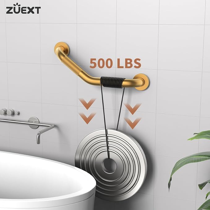 16 Inch Angled Grab Bar, ZUEXT Anti Slip Shower Grab Bar Handles, Brushed Gold Stainless Steel Knurled Bathroom Balance Bar, Safety Hand Rail Support for Handicap Elderly Injury Senior