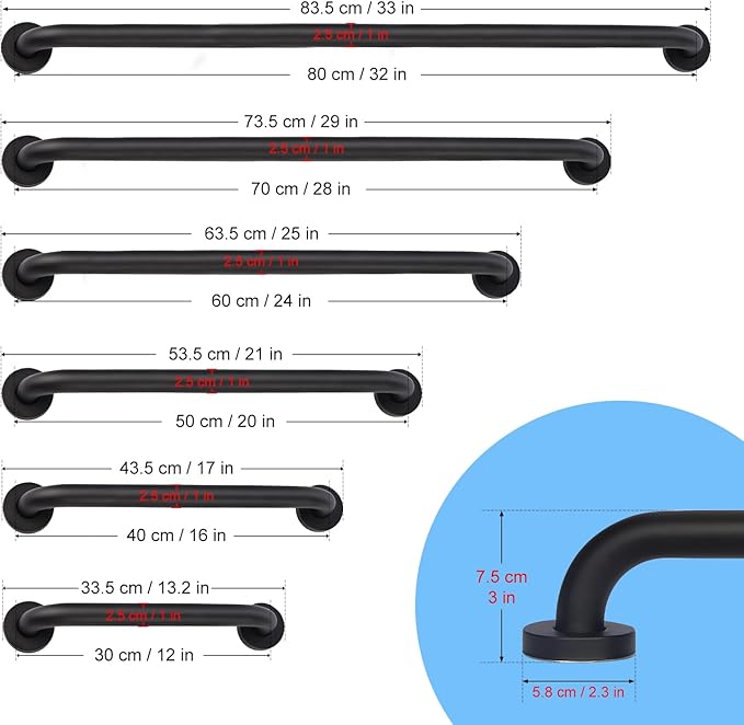supregear Grab Bars for Wall, Bathroom Shower Handle for Seniors, 1 Inch Diameter 201 Stainless Steel Safety Hand Rail, Wall Mounted Toilet Bathtub Support, Black Finish, 24 Inch