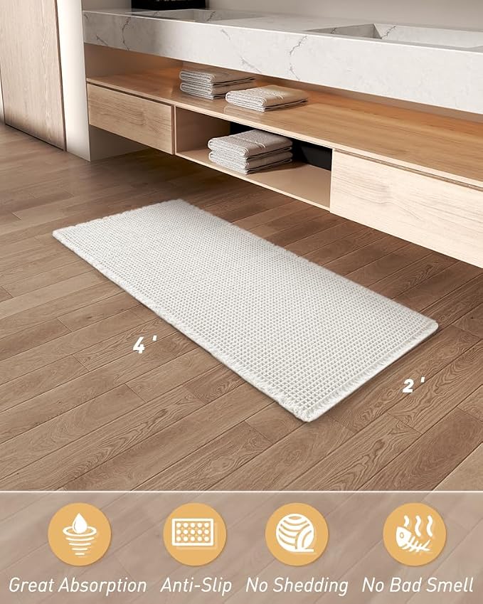 AMOAMI Waffle Runner Rug Super Absorbent Non Slip Bath Mats for Bathroom Floor, Machine Washable Boho Bathroom Runner Rug with Tassels, Ideal for Hallway Bedroom Laundry Room, 2'x 4'