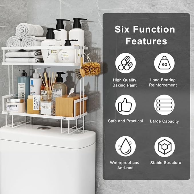 FLOLXNB Over The Toilet Storage Shelf, 2-Tier Bathroom Storage Organizer Upgrade Punch-Free Toliet Storage Shelf, Home Storage Rack with Hooks Shelf,White