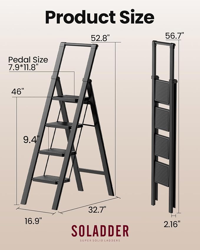 SOLADDER Step Ladder 4 Step Folding Stool with Anti-Slip Widened Sturdy Pedal and Handgrip, Portable and Multi-Use Iron Stepladder for Home, Kictchen, 300 lbs Capacity -Black