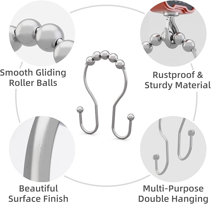 Bathway Shower Curtain Hooks Chrome Shower Curtain Rings Rust Proof, Smooth Glide Double Shower Curtain Hooks, 12Pcs Shower Curtain Hangers, Shower Hooks for Shower Curtain Bathroom Shower Rod Hooks