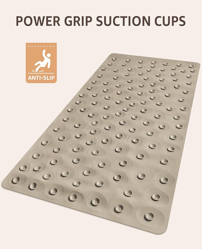 Bligli Bathtub Mat Non Slip, 16x31.5 inch Extra Long Bath Tub Mat with Strong Suction Cups, Soft Rubber Bathroom Floor Mat, Machine Washable, 100% BPA Free (Brown)