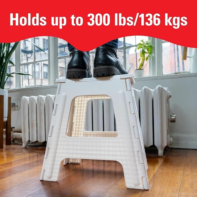 Kikkerland Rhino Foldable Step Stool – Holds Adults up to 300 Lbs, Best for Kitchen & Bathroom – Collapsible, Portable, Lightweight Stepping Stool with Sturdy, Non-Slip Design – White, 15”