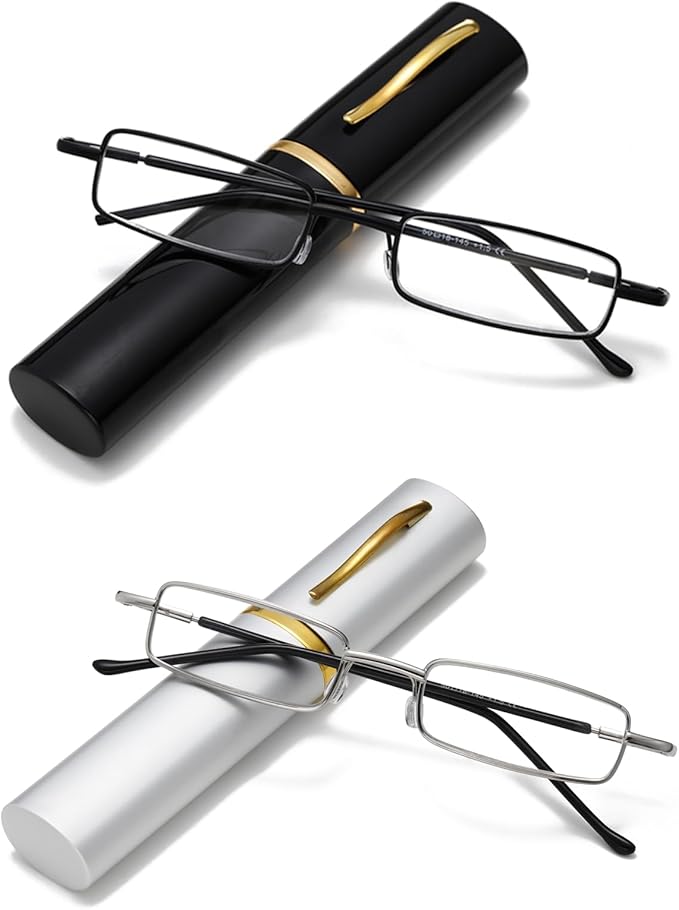 Viseng Slim Mini Metal Reading Glasses Compact Lightweight Portable Readers with Glasses Case for Reading Case,Black+Silver+2.5