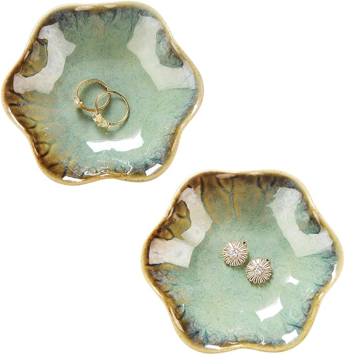 JAMEND CLXP 2PCS Ring Holder Dish, Small Key Bowl, Ceramic Trinket Tray Jewelry Dish Organizing Necklace Earrings for Mom Friend Sister, All Jewelries Are NOT Included. Crystal Green.