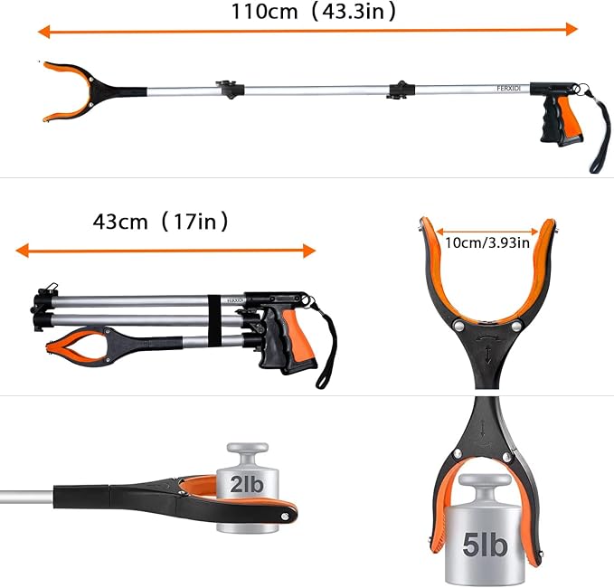 43" Foldable Grabber Reacher Tool,Reacher Grabber Pickup Tool,Folding Grabbers for Elderly Grab It Reaching Tool with Rotating Jaw+Magnets,Grabber Reacher Tool Heavy Duty