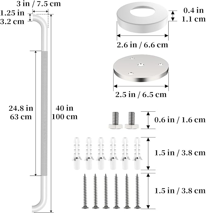 White Grab Bar 40 Inch, iHansee Anti-Slip Bathroom Grab Bar w/Knurled Grip, Stainless Steel Safety Handrail for Toilet Bathtub Shower, Wall Mounted Handicap Bars Handle for Senior Elderly
