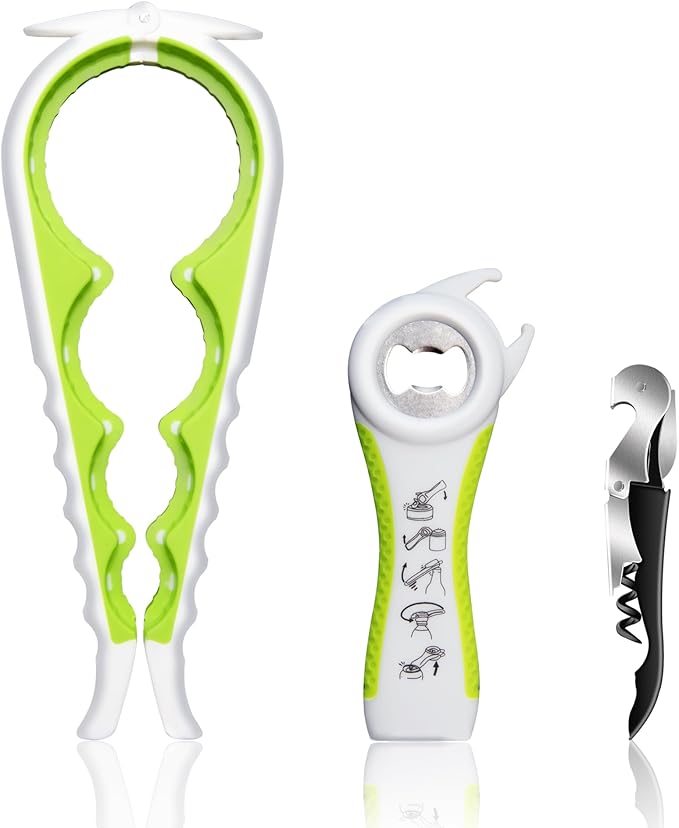 Jar Opener for Weak Hands, Seniors with Arthritis, 5 in 1 Multi Function Bottle Opener Lid Opener For Arthritic Hands with Corkscrew Wine Opener (green)