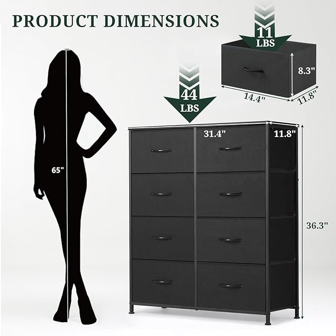 8-Drawer Dresser for Bedroom, Anti-Tip Tall Storage Organizer Chest of Drawers with Wooden Top and Metal Frame Fabric Bins for Closet, Living Room, Hallway, Entryway, Black