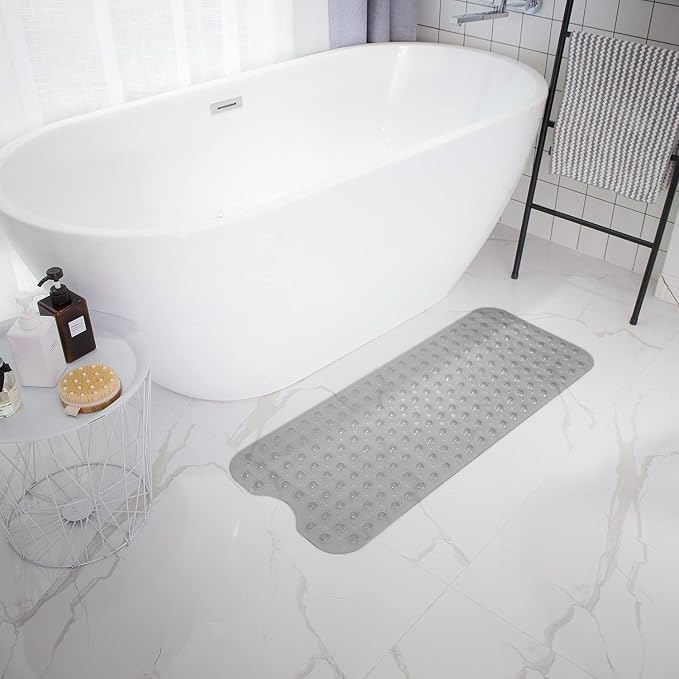 TEESHLY Bathtub Mats for Shower Tub, Extra Long Non-Slip 39 x 16 Inch Bath Mat with Drain Holes and Suction Cups, BathMat for Bathroom with Machine Washable (Clear Grey)