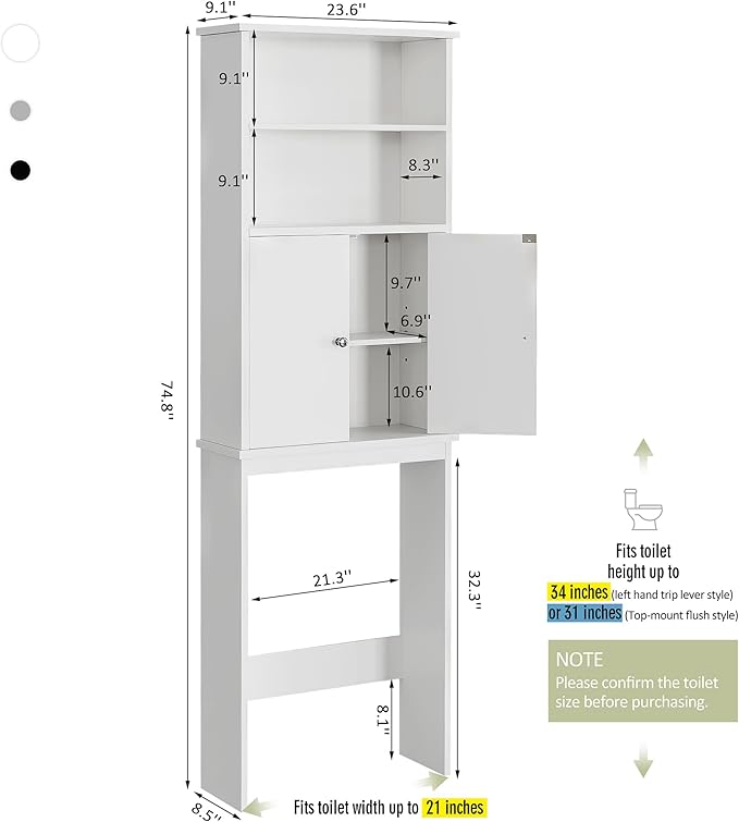 Over the Toilet Storage Cabinet for Bathroom, Extra Tall Over Toilet Storage, Space Saver W/Adjustable Shelf & Open Storage Shelf, 75in, White