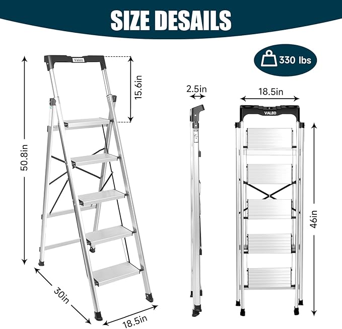 Valeo Aluminium 5 Step Ladder with Retractable Handgrip,Anti-Slip Pedal,330 lbs Capacity,Folding Step Stool for Kitchen, Garage, Home, Space Saving, Sturdy and Portable, Silver