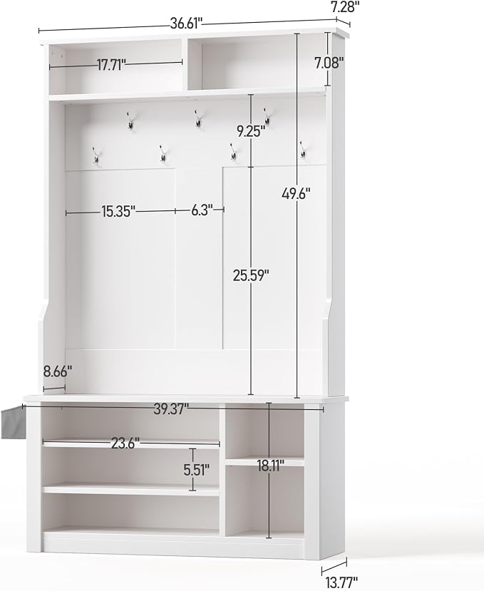 Aiho Hall Tree with Bench and Shoe Storage, 3-in-1 Entryway Hall Tree, with Adjustable Shoe Storage, for Entryway, Hallway, White