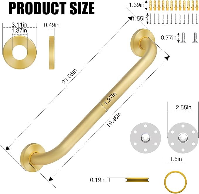 ROTHLEY 18 Inch Grab Bar for Bathtubs and Showers: Stainless Steel Shower Grab Bar Wall Mounted Shower Handle with Concealed Screws Anti Slip Saft Handle for Elderly Seniors (Brass)
