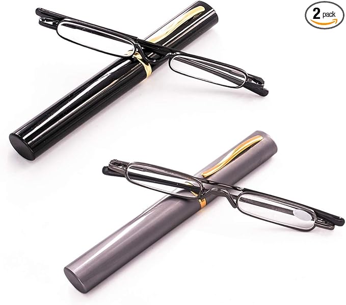 Viseng Slim Mini Metal Reading Glasses Compact Lightweight Portable Readers with Glasses Case for Reading Case,Black+Gray+3.5