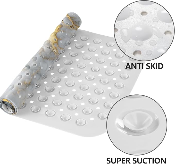 LNOND Marble Bath Tub Mat Non Slip, Extra Long 40 X 16 Inch Anti Slip Mat for Bathtub, White Gold Marble Shower Mat with Drain Holes and Suction Cups, Machine Washable