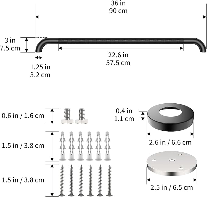 36 Inch Black Shower Grab Bar with Anti-Slip Knurled Grip,YuanDe Stainless Steel Bathroom Grab Bars，Shower Handrail Support, Handicap Elderly Balance Assist Handles