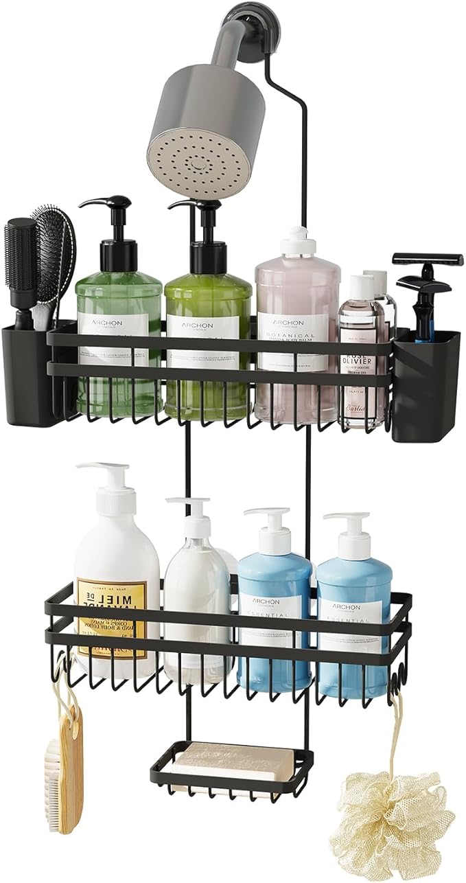 Shower Caddy Hanging for Bathroom Organizers and Storage,3 Tier Adjustable Anti-Swing Shower Organizer Hanging with Heavy-Duty Suction Cups, Damage-Free Rustproof (Black)