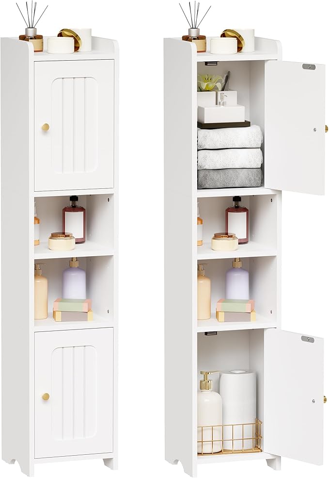 ANWBROAD Slim Bathroom Storage Cabinet Corner Narrow Cabinet with 2 Doors and Adjustable Shelf Freestanding Small Bathroom Organizers and Storage for Small Spaces, Kitchen, Living Room White USBC011W