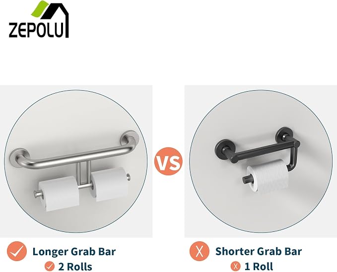 Brushed Nickel Handicap Grab Bar w/Toilet Paper Roll Holder, Zepolu 2-in-1 Safety Assist Bar Balanced Support Handle 17 Inch, Stainless Steel Wall Mounted Bathroom Toilet Grab Bar for Senior Elderly