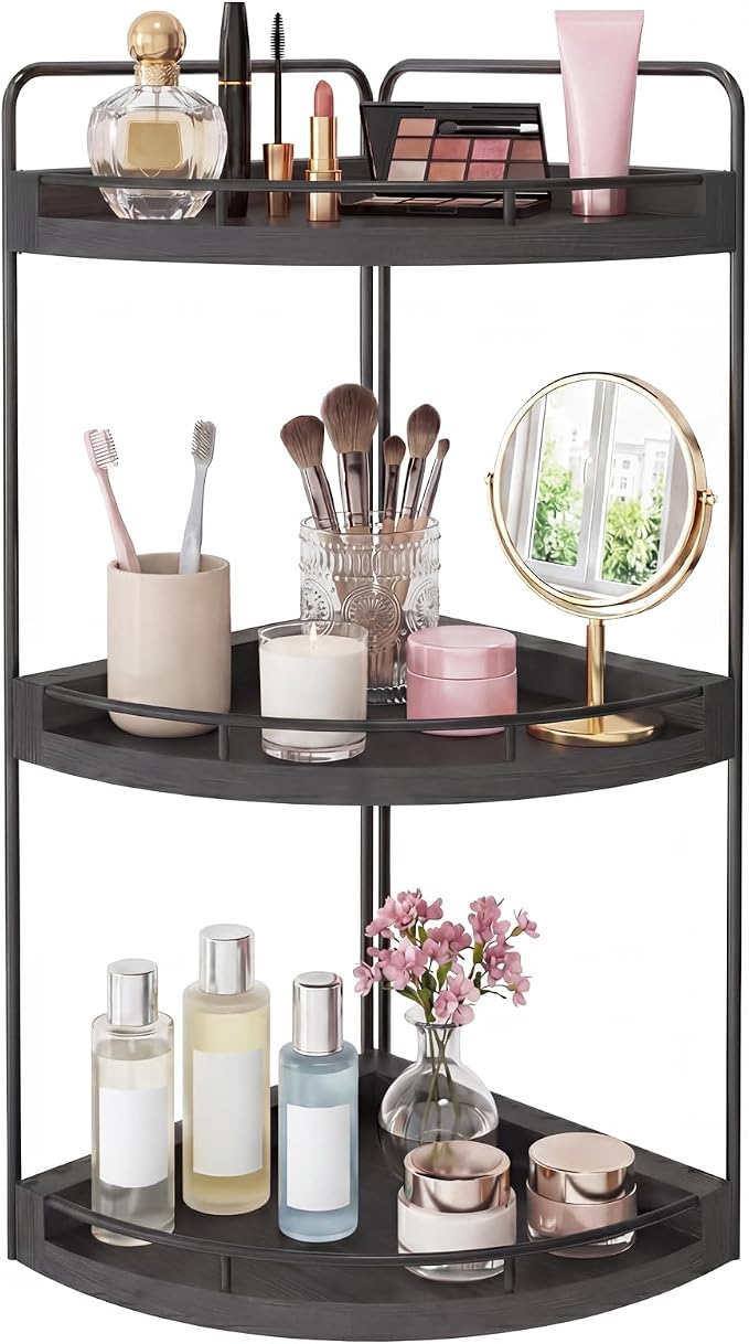 Fixwal Corner Bathroom Counter Organizer, 3 Tier Rustic Bathroom Organizer, Wood Countertop Storage Tray for Vanity, Kitchen, Bedroom (Black)