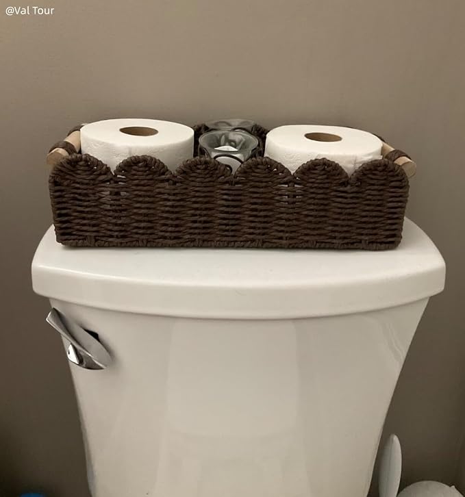 CubesLand Paper Rope Scalloped Edge Shelves Storage Basket, Woven Toilet Paper Baskets for Over Toilet Storage Shelf, Ending Table, Floating Shelves Organizing or Home Décor, with Wood Handle, Brown
