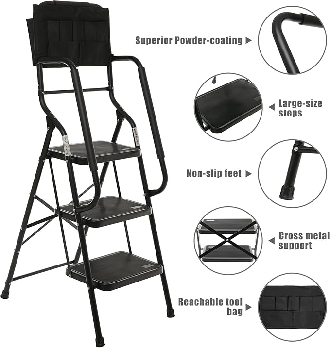 Wiberwi 3 Step Ladder with Handrails 500 lb Capacity Step Stool Folding Portable Ladders for Home Kitchen Steel Frame with Non-Slip Wide Pedal Stepladder with Attachable Tool Bag Black