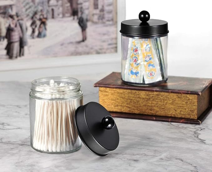 Amolliar 4 Pack Glass Apothecary Jars Bathroom Vanity Storage Organizer Set-Qtip Dispenser Holder with Stainless Steel Lids &Cute Stickers-Countertop Canister for Qtips,Cotton Swabs,Makeup Sponges