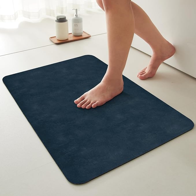 TYUU Bathroom Mat Quick Dry, Bathroom Rugs Non Slip Washable Thin Absorbent Bath Mat Fits Under Door Bathroom Floor Mat Perfect for Bath, Shower, or Sink 16"x24" Navy Blue