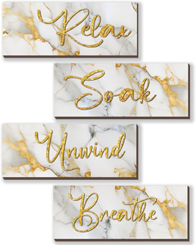ONIZHITY 4 Pcs White and Gold Bathroom Decor White Gold Wall Decor Relax Soak Unwind Breathe Wooden Rustic Marble Style Bathroom Accessories for Bedroom Living Room Decor Kitchen(10X4)