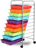 10-Drawer Rolling Storage Cart, Trolley w/Lockable 360° Wheels, 10 Removable PP Drawers, Sturdy Metal Frame, Rolling Utility Cart Perfect for Home, Office, Classroom (Multi-Colored)