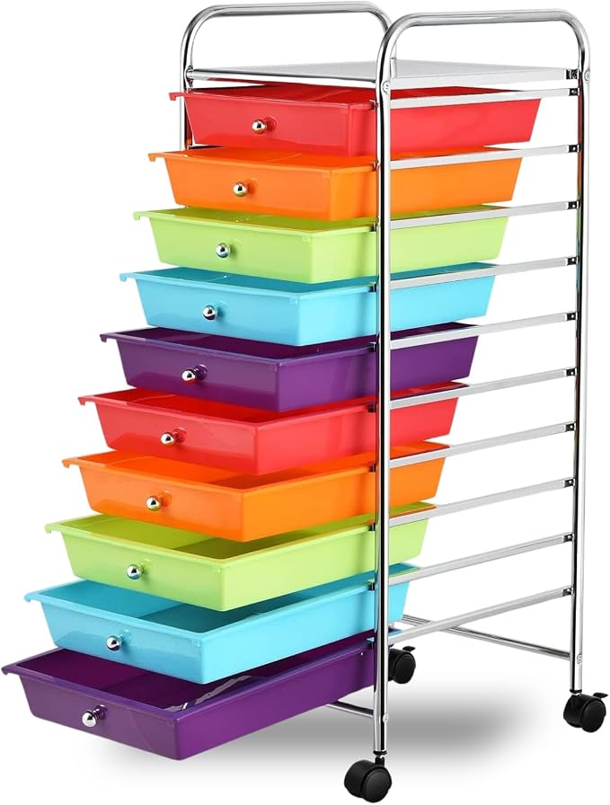 10-Drawer Rolling Storage Cart, Trolley w/Lockable 360° Wheels, 10 Removable PP Drawers, Sturdy Metal Frame, Rolling Utility Cart Perfect for Home, Office, Classroom (Multi-Colored)