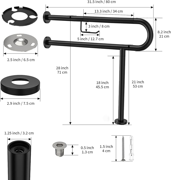 Toilet Support Rail w/Toilet Paper Holder 31.5x28 Inch, ZUEXT Wall to Floor Matte Black Anti-slip Handicap Grab Bar for Bathroom,Stainless Steel Safety handrails with Leg for Elderly Disabled Pregnant