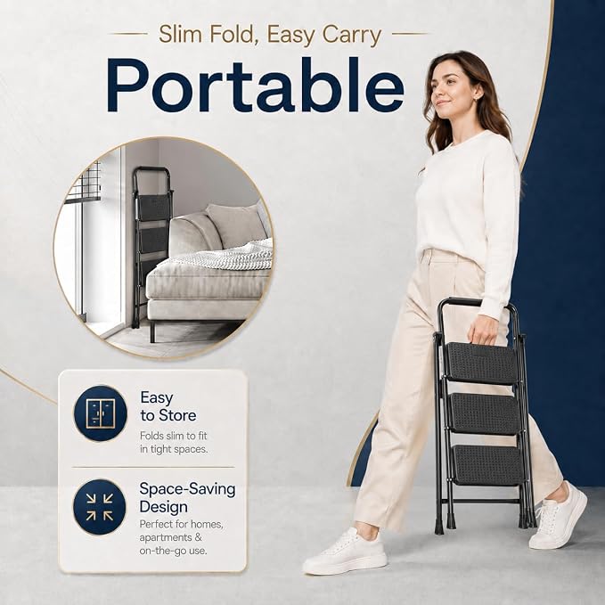 Simple Deluxe 3-Step Ladder, Heavy Duty, 800 lbs, Dark Brown Metal, Ready to Use, Foldable, Space-Saving, Non-Slip, Wide Platform