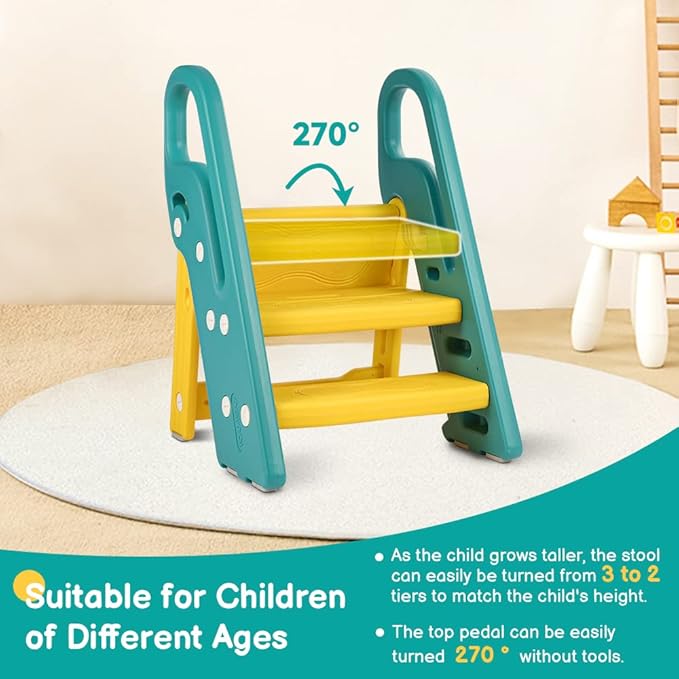 Onasti Foldable Toddler Step Stool for Bathroom Sink, Adjustable 3 Step Stool for Kids Toilet Potty Training Stool with Handles, Child Kitchen Counter Stool Helper, Plastic Ladder for Toddlers Green