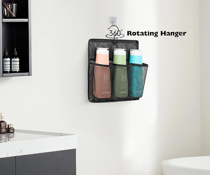 ALYER Mesh Shower Organizer,Shower Caddy with Rotating Detachable Metal Hanger, Quick Dry Bathroom Storage for Toiletry Accessories, Portable Shower Bag for RV,Dorm,Gym and Travel (Black)